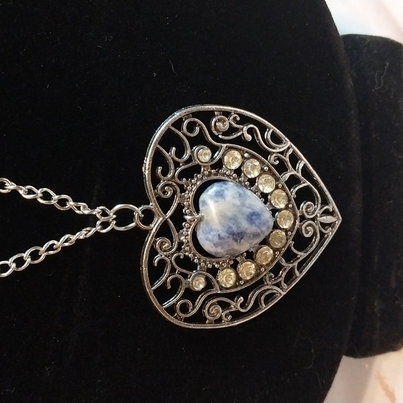 Silver Toned With Cloudy Blue And Rhinestones Heart Pendent - Picture 2 of 2